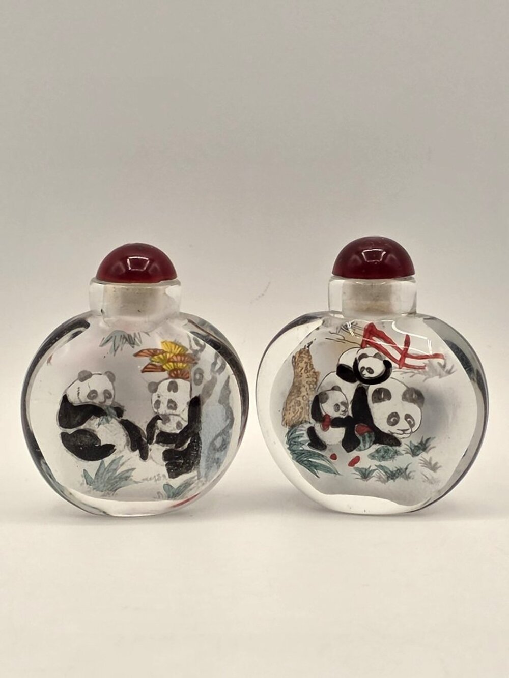Vintage Panda Inside Painted Chinese Snuff Bottle Pair Asian Decor